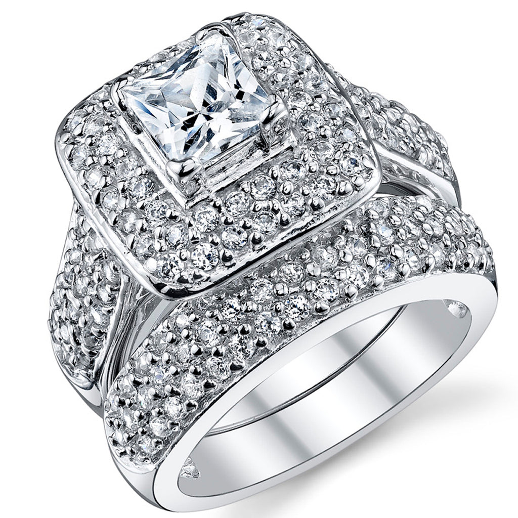 Women's 1 Carat Princess Cut Cubic Zirconia Sterling Silver 925 Wedding Engagement Ring Set