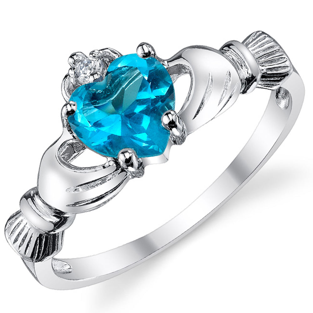 Women's Sterling Silver 925 Irish Claddagh Ring Friendship Love Blue Heart CZ