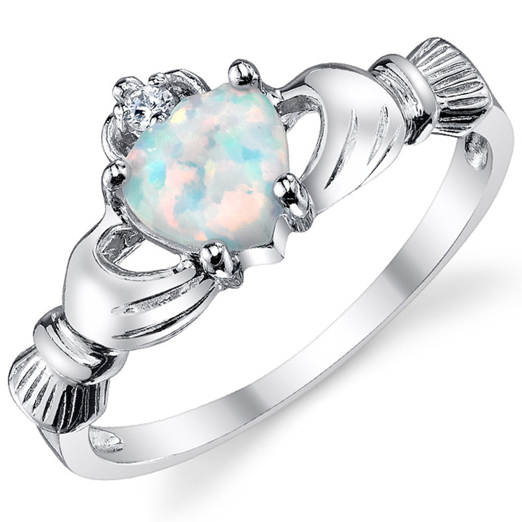 Women's Sterling Silver 925 Irish Claddagh Friendship Love Ring Simulated Opal Heart