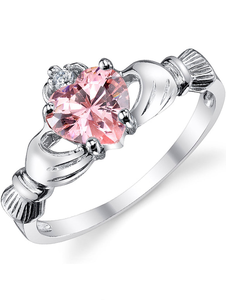 Women's Stelring Silver 925 Cubic Zirconia Irish Claddagh Friendship Love Ring Pink Heart CZ Sizes 4-10