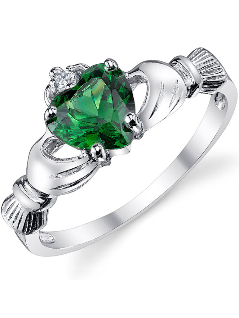 Women's Sterling Silver 925 Irish Claddagh Friendship Love Ring Simulated Emerald Green Heart Cubic Zirconia