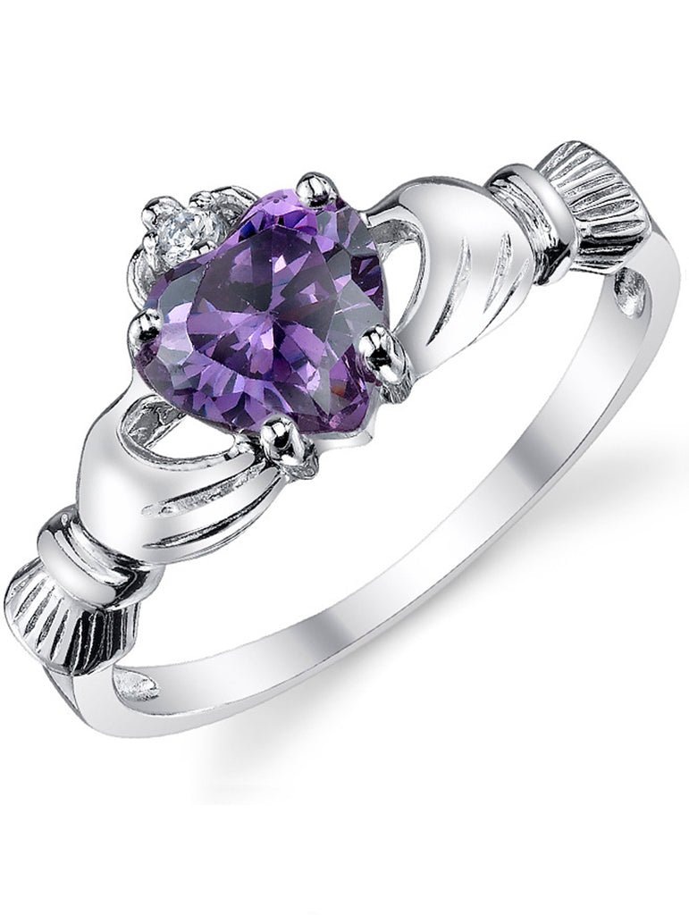 Women's Stelring Silver 925 Irish Claddagh Friendship Love Ring Lavender Heart Cubic Zirconia