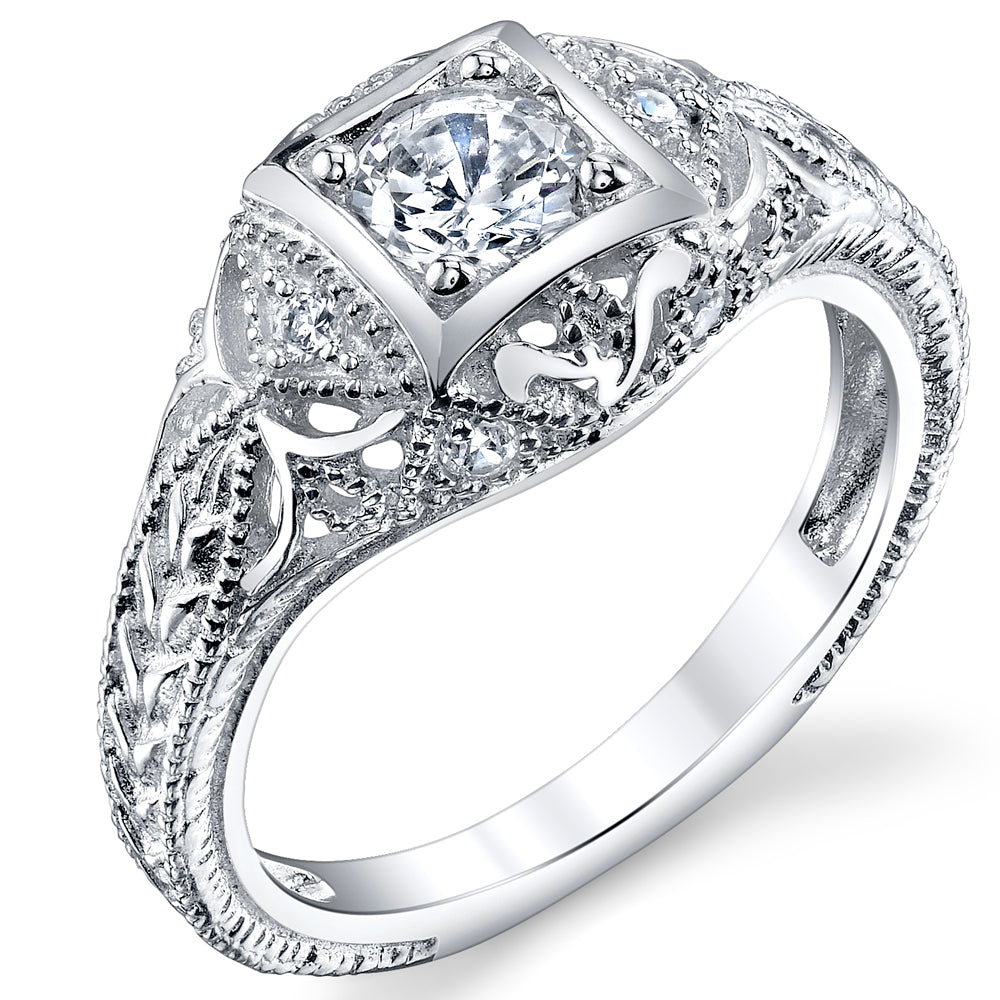 Women's Carved Sterling Silver Vintage Cubic Zirconia BridalEngagement Ring Sizes 5-9