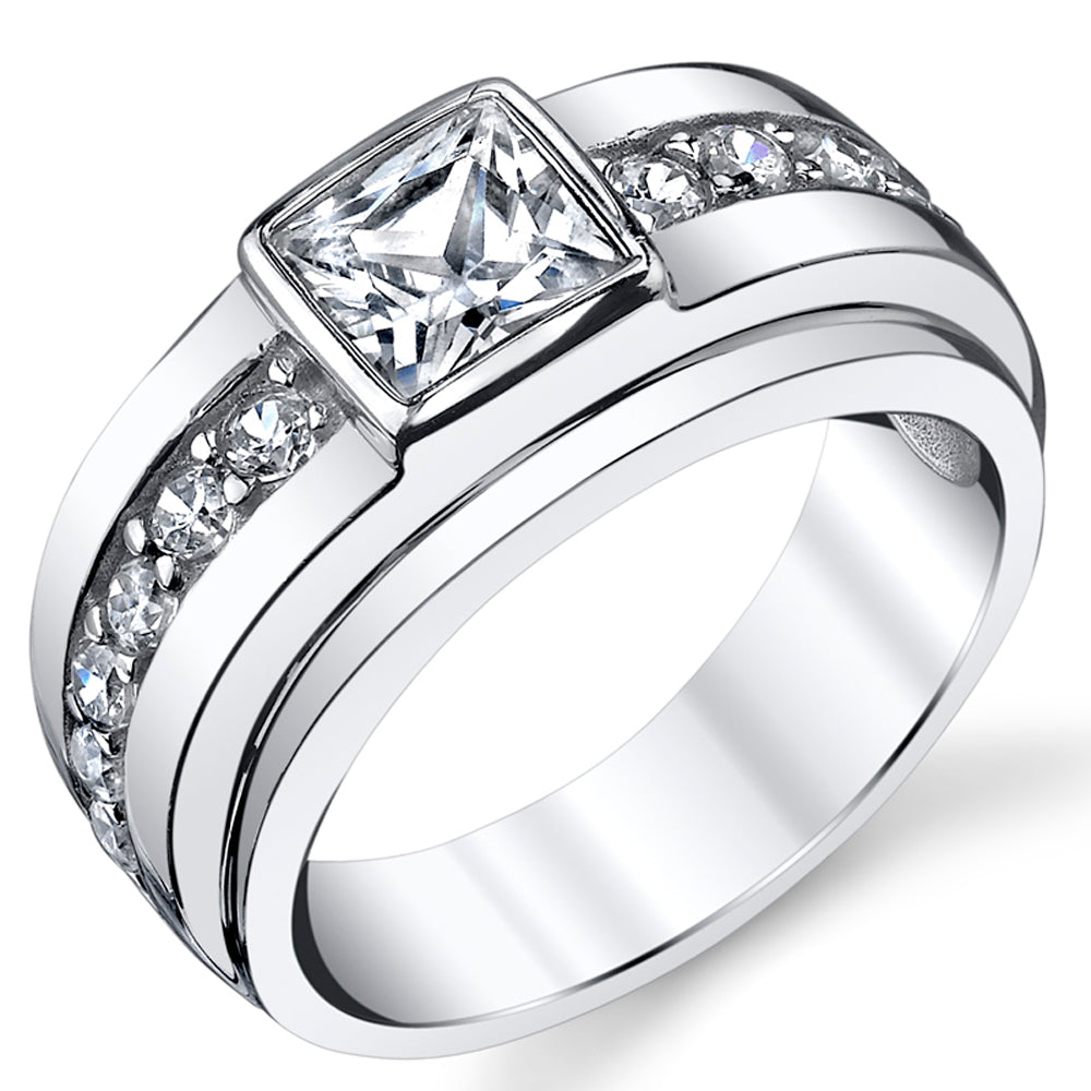 Sterling Silver Men's High Polish 1.5 Carat Princess Cut Wedding Band Ring With Cubic Zirconia CZ