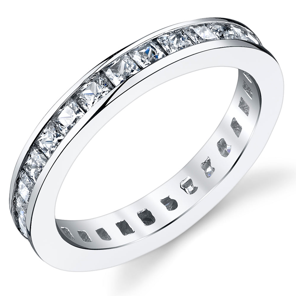 Women's 3MM Sterling Silver Princess Cut Cubic Zirconia Wedding Engagement Eternity Ring