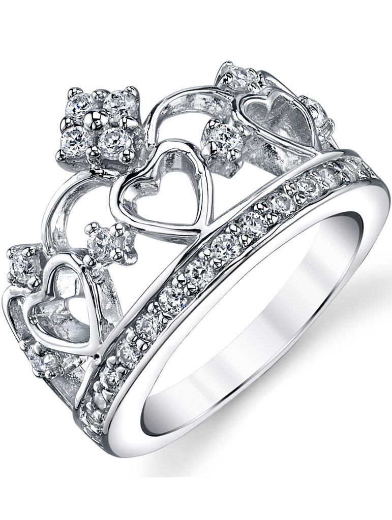 Women's 925 Sterling Silver Cubic Zirconia Princess Crown Tiara CZ Ring