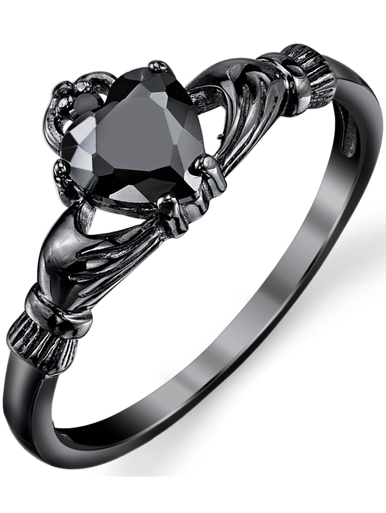 Women's Black Sterling Silver Irish Claddagh Friendship Love Ring Heart Ring Black Cubic Zirconia