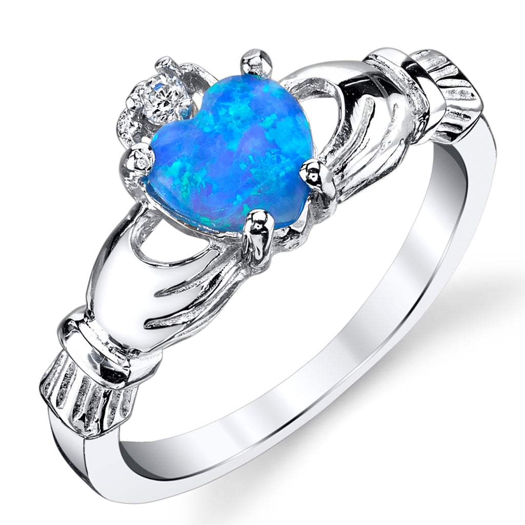 Women's Sterling Silver 925 Irish Claddagh Friendship Love Ring Blue Simulated Opal Heart