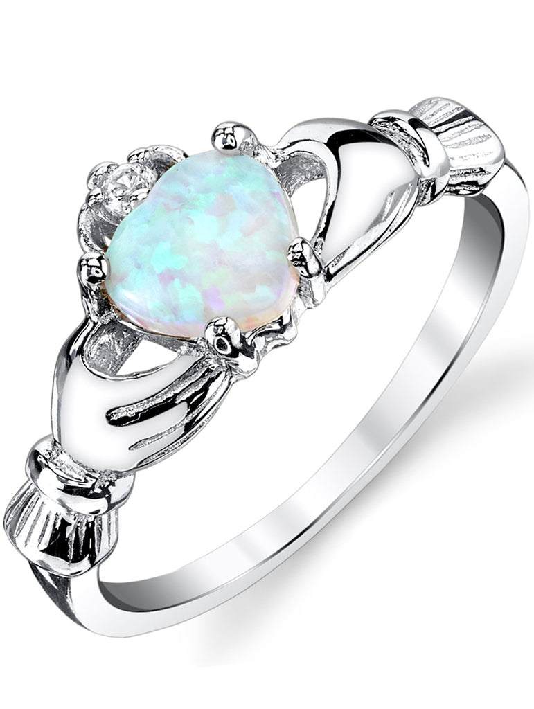 Women's Sterling Silver 925 Irish Claddagh Friendship Love Ring Light Blue Simulated Opal Heart