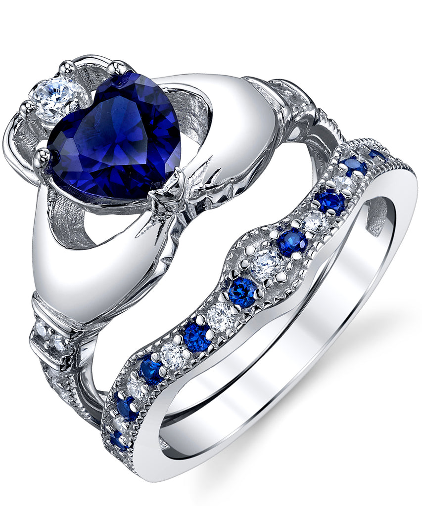 Sterling Silver 925 Irish Claddagh Friendship Love Engagement Wedding Ring Sets Simulated Sapphire Blue Heart CZ Cubic