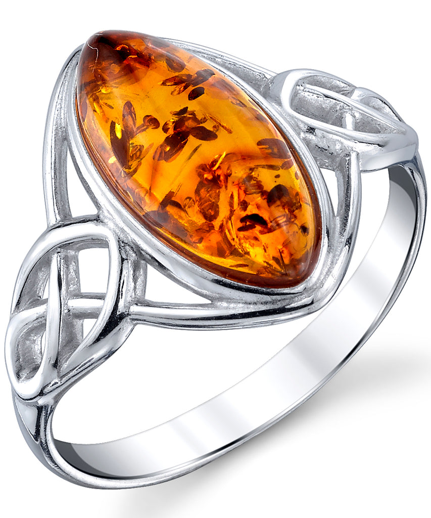 Women's Sterling Silver Baltic Amber Celtic Design Ring Cognac Marquise Shape Center Sizes 5-9