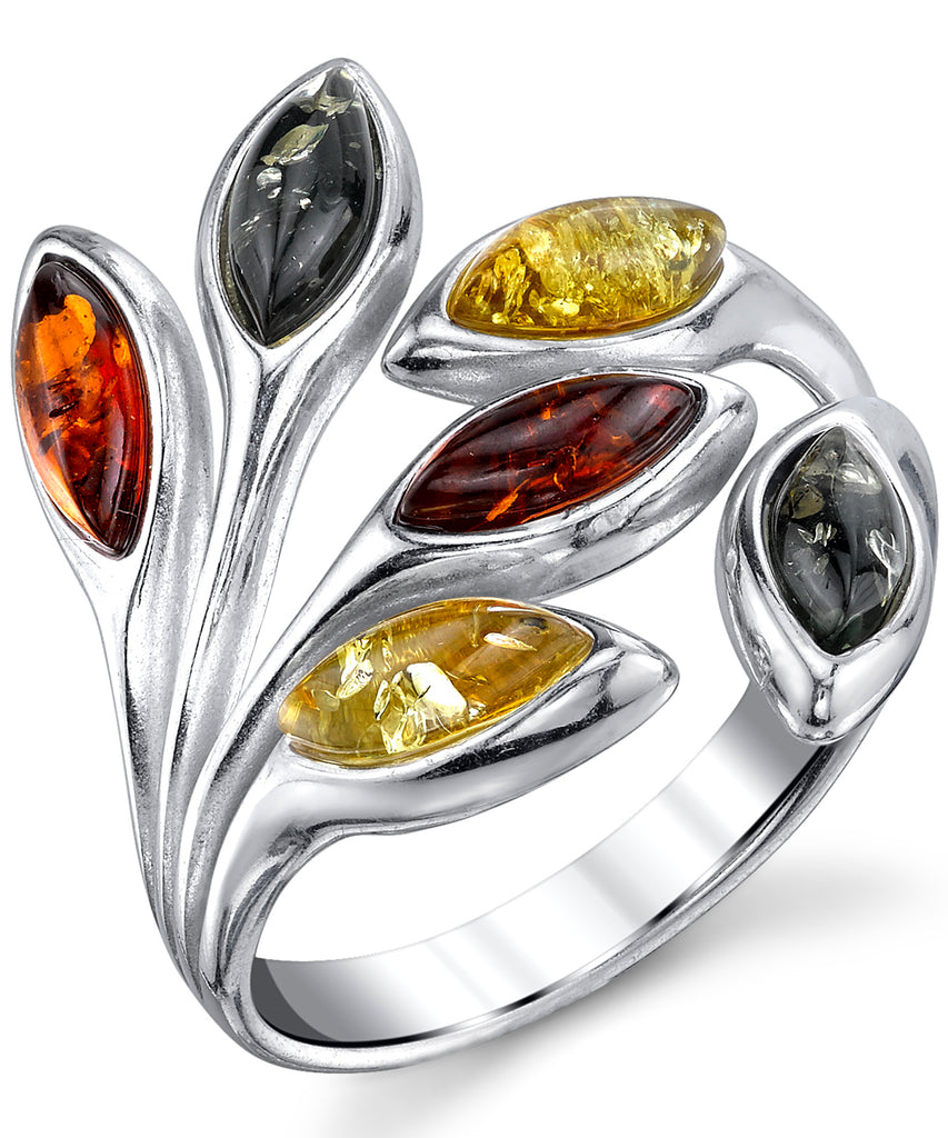 Women's Sterling Silver Baltic AmberLeaf Ring Cherry Honey Cognac Olive Colors 5-9