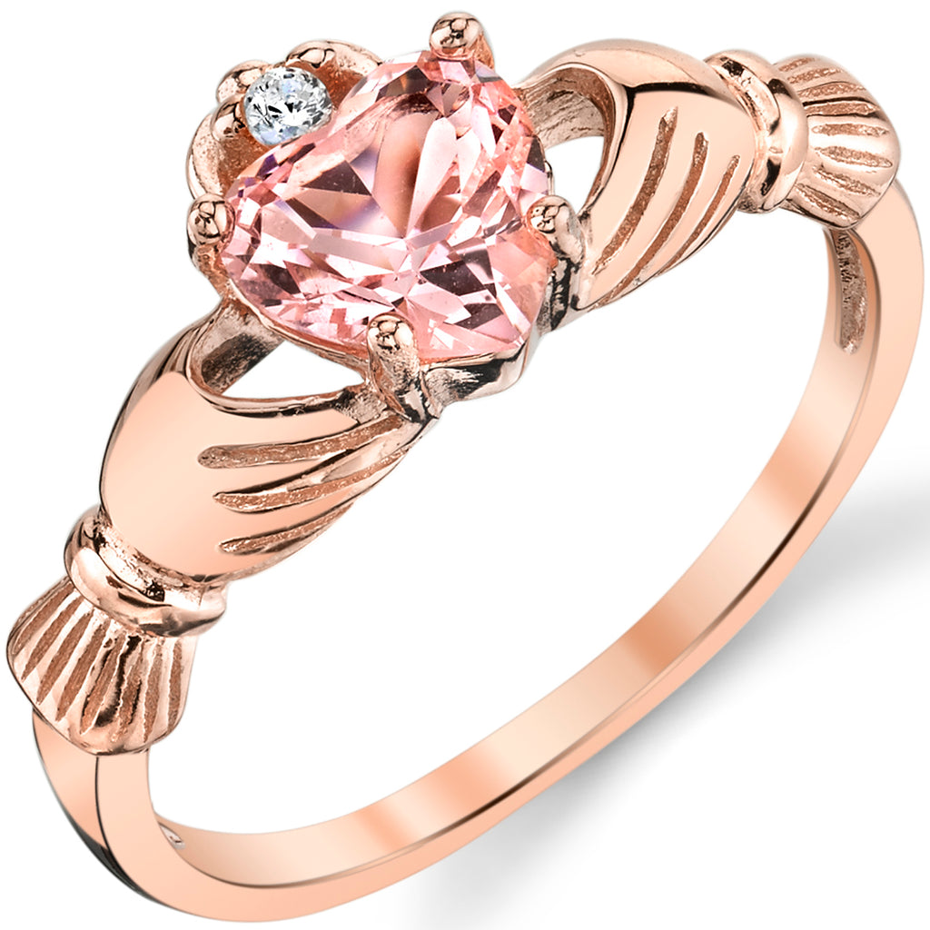 Rosetone Pink Plated Sterling Silver Irish Claddagh Ring .75 Carat Pink Simulated Morganite Heart Shape Cubic Zirconia C
