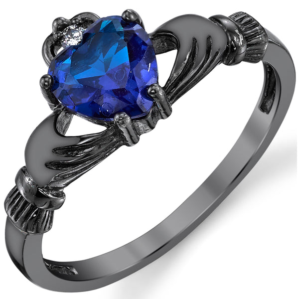 Women Sterling Silver Irish Claddagh Engagement Ring Black Rhodium Blue Sapphire