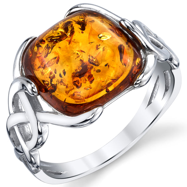 Women's Sterling Silver Baltic Amber Irish Celtic Design Ring Cognac Large Cushion Shape Stone Sizes 5-9