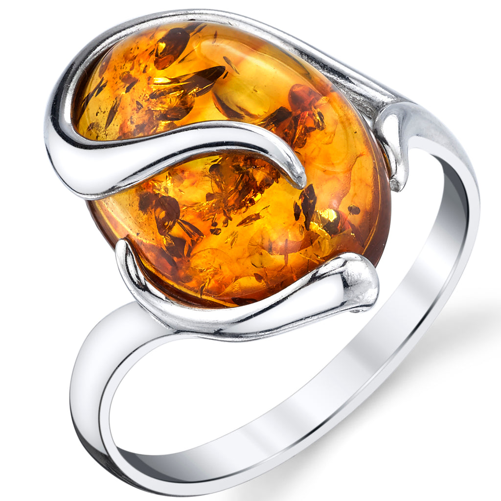 Women's Sterling Silver Baltic Amber Swirl Design Engagement Ring Cognac Stone