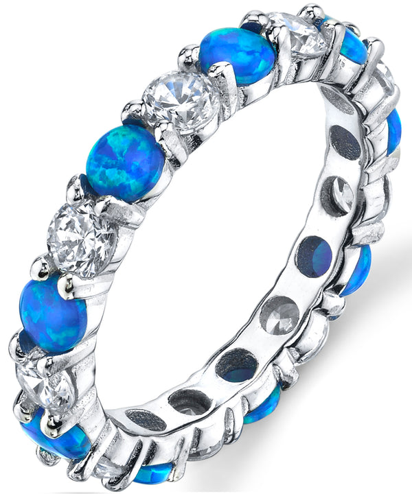 Women's Sterling Silver 925 Blue Fire Created Opal Cubic Zirconia Eternity Ring Wedding 3.5MM