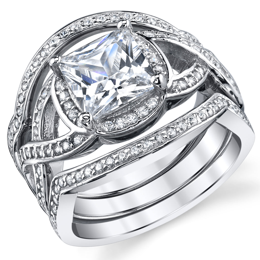 Women's 3Pc Sterling Silver Engagement Ring Bands Bridal set 2 Carat Princess-Cut Cubic Zirconia