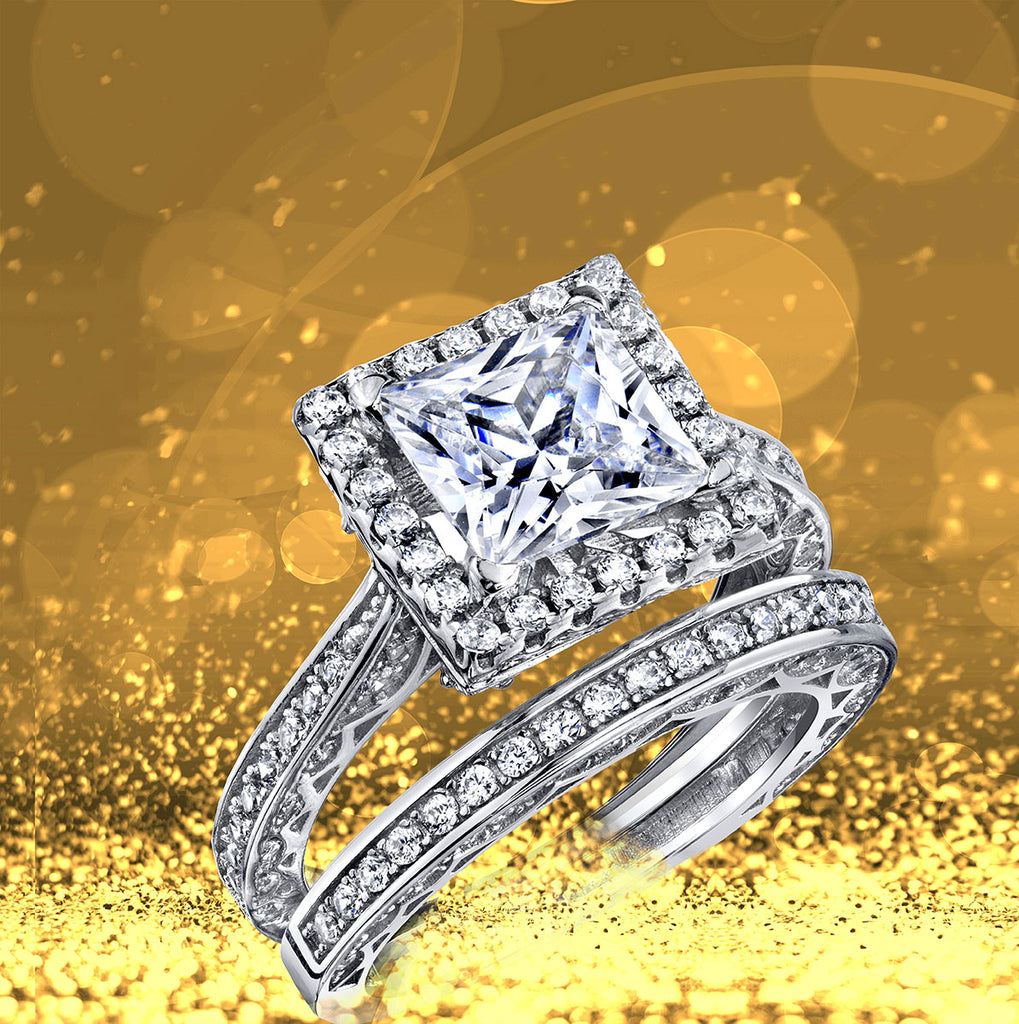 Princess Black Rhodium 925 Sterling Silver Engagement Wedding CZ Ring Set – Solitaire With Accents