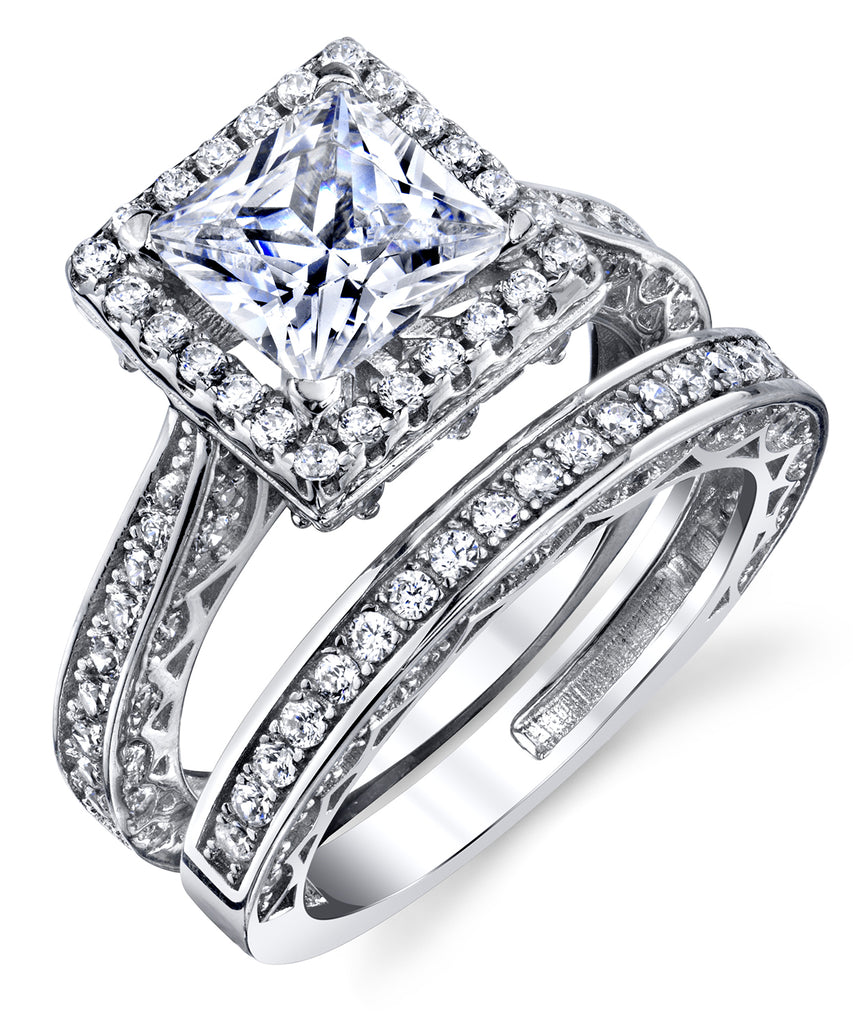 Women's Sterling Silver 925 Engagement Rings Wedding Bridal Set Princess-cut Cubic Zirconia 2pcs