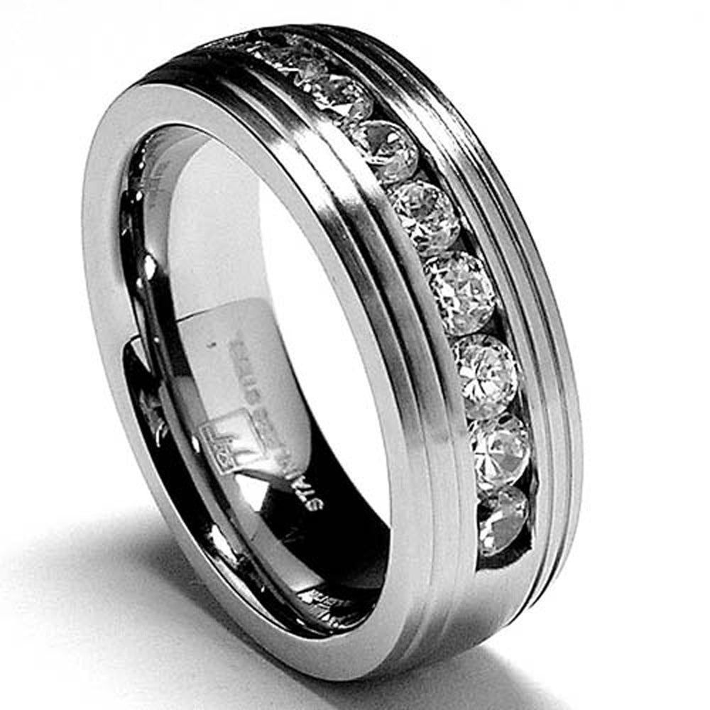 Men Matte Finish Stainless Steel Wedding Ring Band Cubic Zirconia 8MM Sizes 7-12