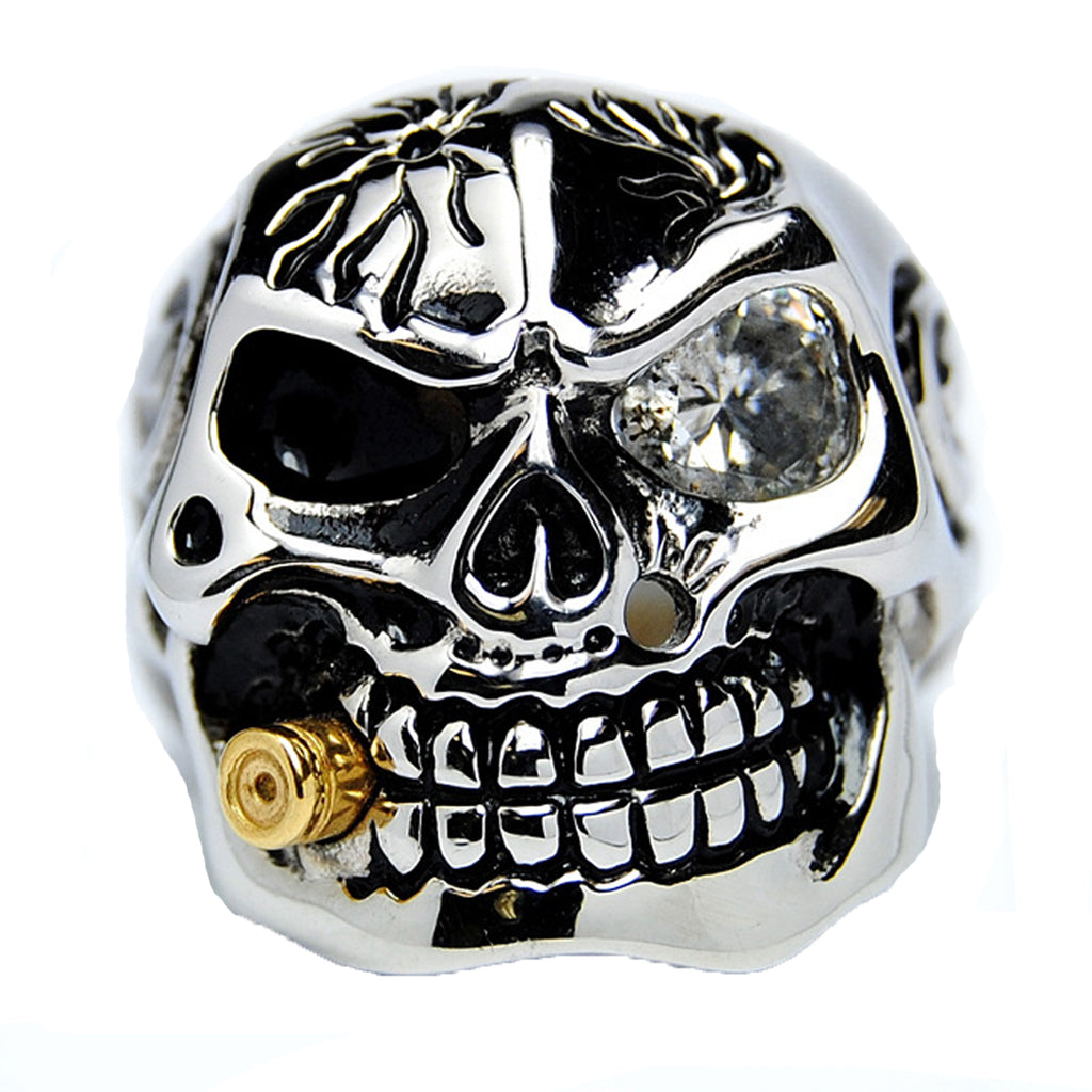 Men's Stainless Steel 1.5Ct Skull Biker Ring Cubic Zirconia Stone & Bullet