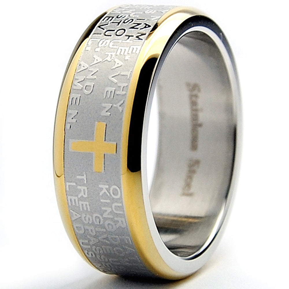 Men's Lord's Prayer Ring Christian Cross Stainless Steel 8MM Goldtone Sizes 7-12