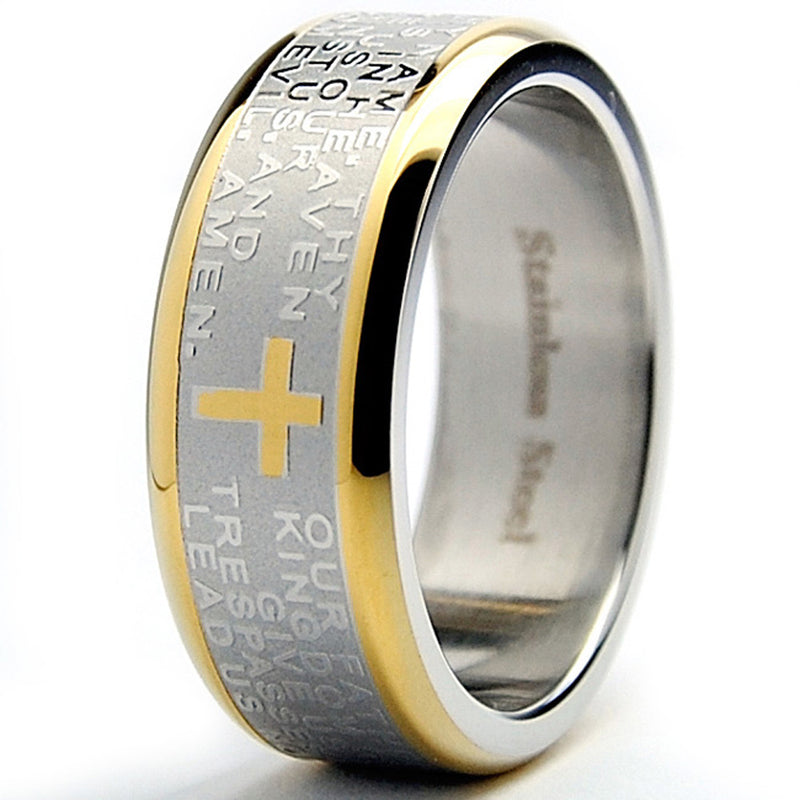 Men's Lord's Prayer Ring Christian Cross Stainless Steel 8MM