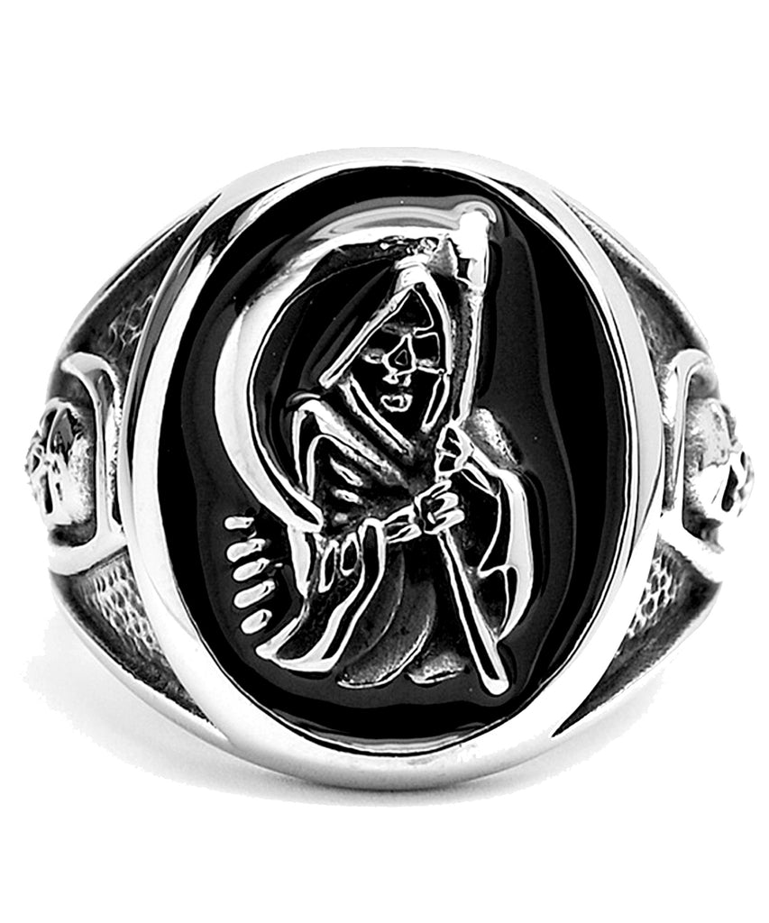 Men's Stainless Steel Casted Grim Reaper Ring with Enamel Sizes 8 to 14