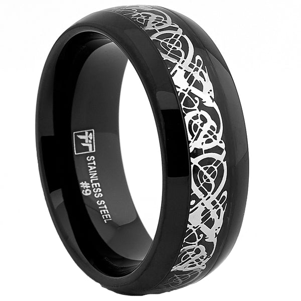 Dome Stainless Steel Black Men's Ring Band With Celtic Dragon Inlaid Design, 8mm Comfort Fit, Sizes 8 to 12