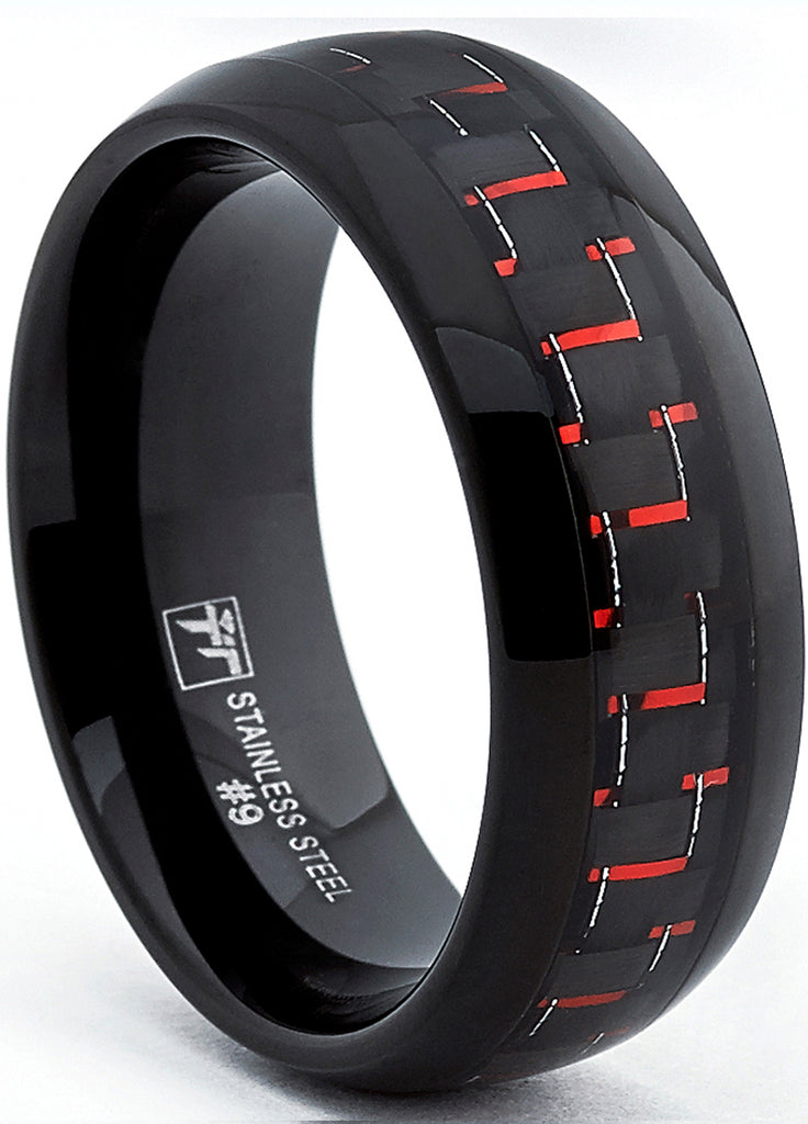 Men's Dome Black Stainless Steel Ring with Black and Red Carbon Fiber Inlay, 8mm Sizes 7 to 13