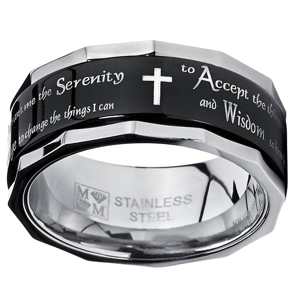Men's Black Stainless Steel Religious Cross Serenity Prayer Spinner Ring 9MM