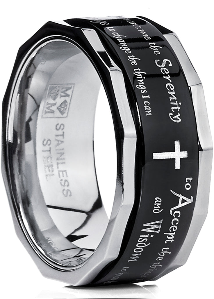 Men's Black Stainless Steel Religious Cross Serenity Prayer Spinner Ring 9MM