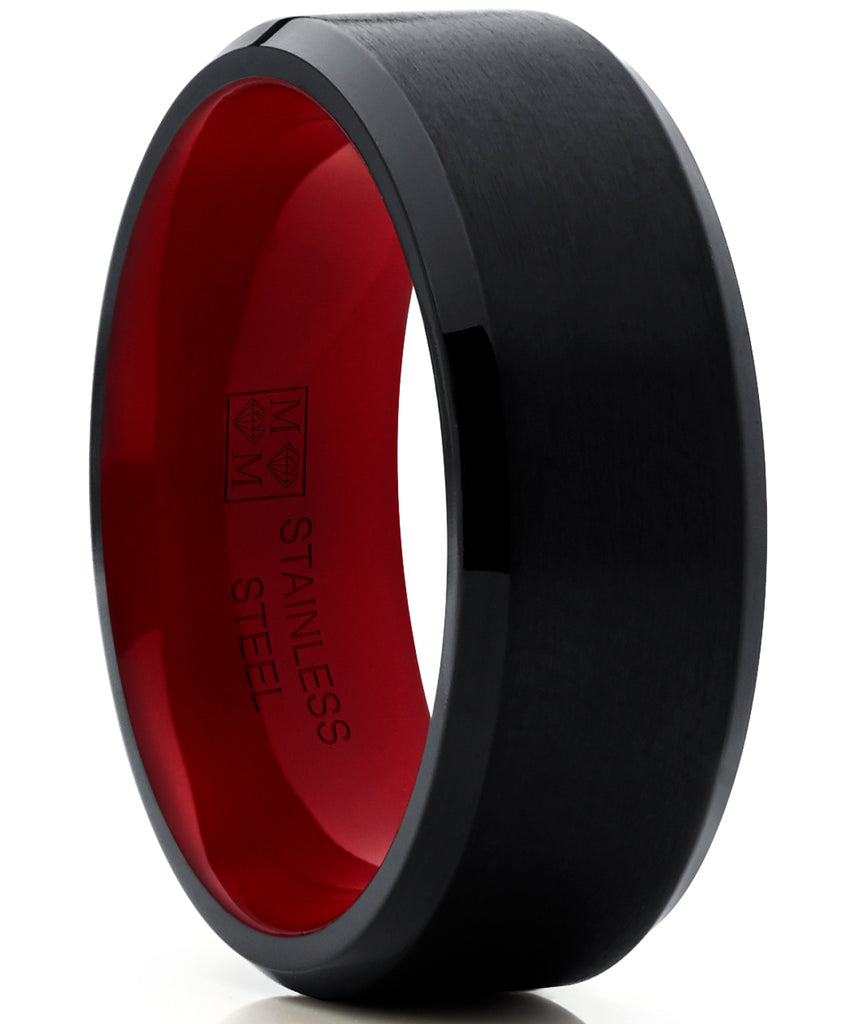 Men's Stainless Steel Black and Red Wedding Band Engagement Ring Comfort fit 8mm Sizes 8 to 13