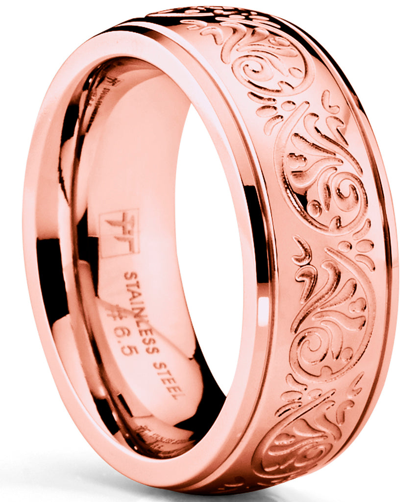 RoseTone Pink Women's Stainless Steel Ring Wedding Band with Engraved Florentine Design 7mm Comfort Fit