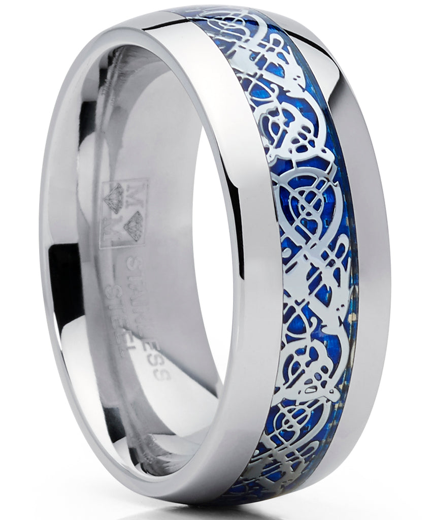 Men's Stainless Steel Ring Band, Blue Carbon Fiber Inlay and Dragon Design, 8mm Comfort Fit