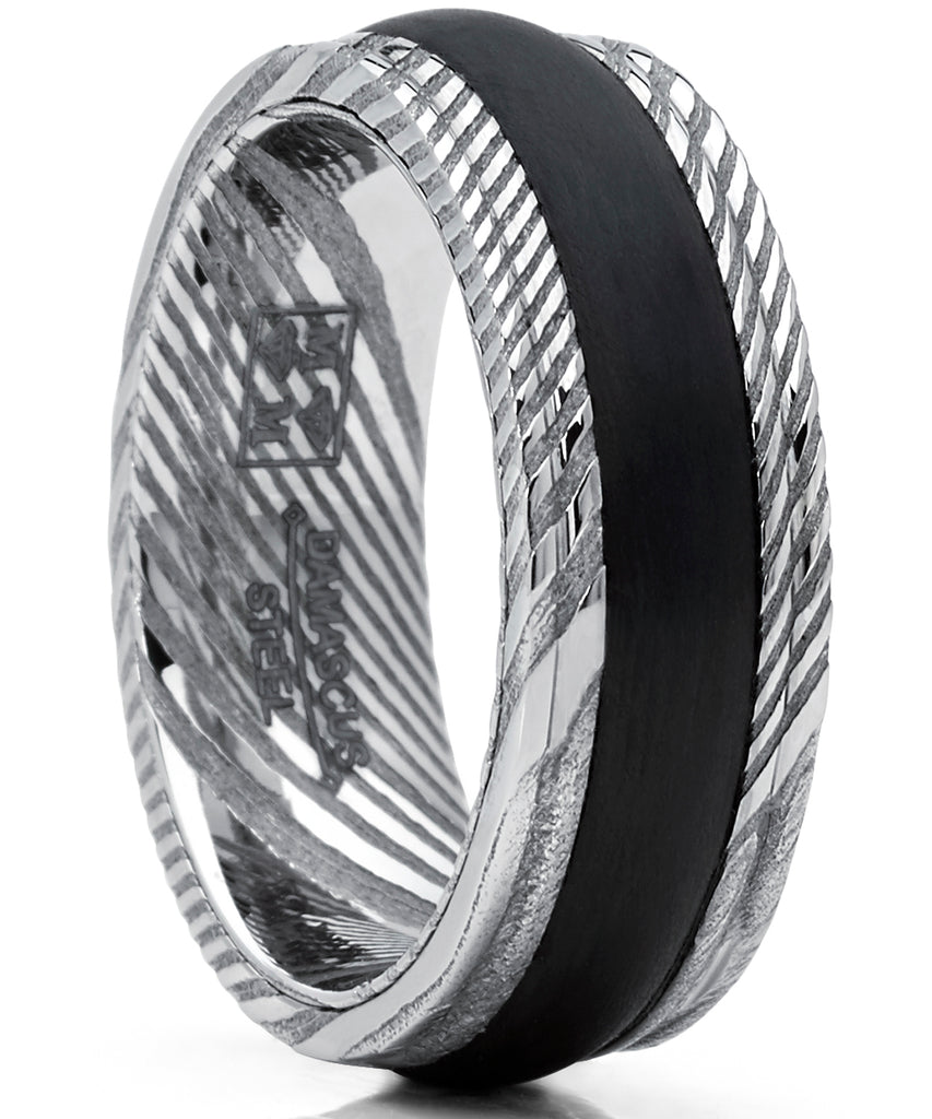 Men's Ribbed REAL Damascus Steel Ring Comfort Fit Band With Solid Carbon Fiber Wedge Inlay 8mm