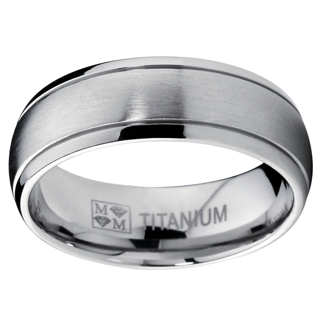 7mm Brushed Titanium Wedding Band Ring - Polished Grooved Edges, Comfort Fit, Size 6.5, Unisex