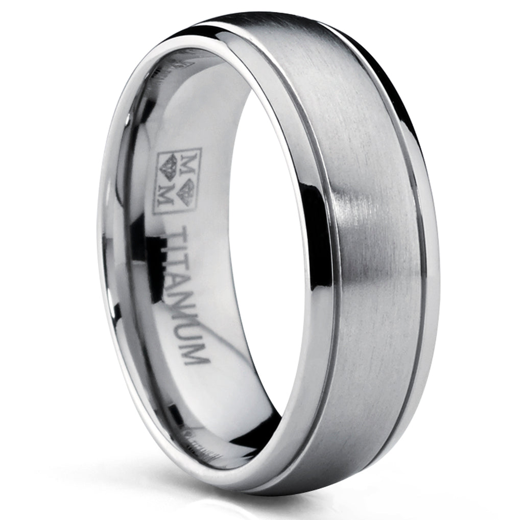 Men's 7 MM High Polish / Matte Finish Titanium ring with Grooves sizes 6 to 13