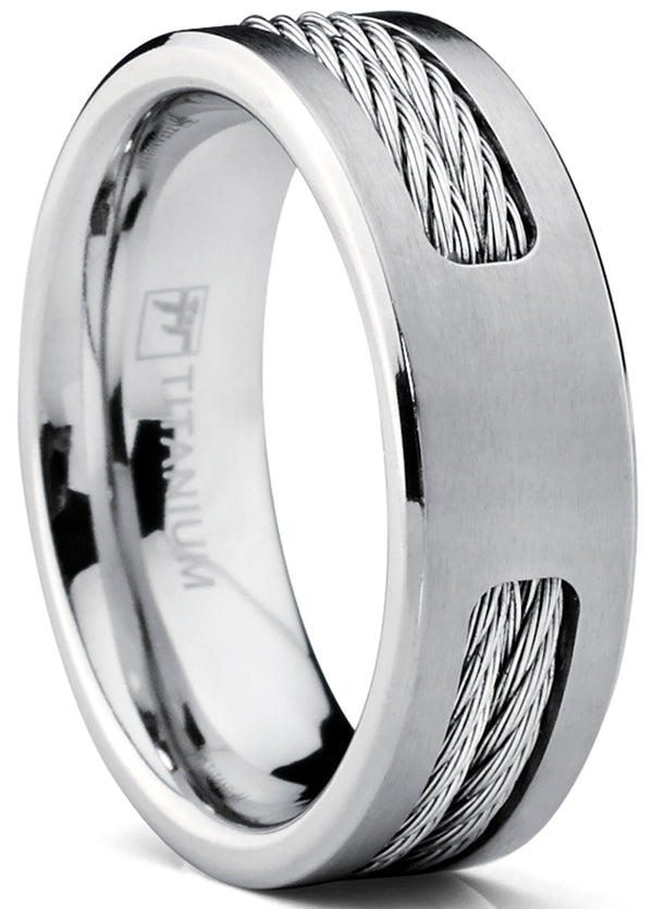 Men's 7 MM Titanium ring Wedding band with Stainless steel Cable Inlay sizes 7 to 12