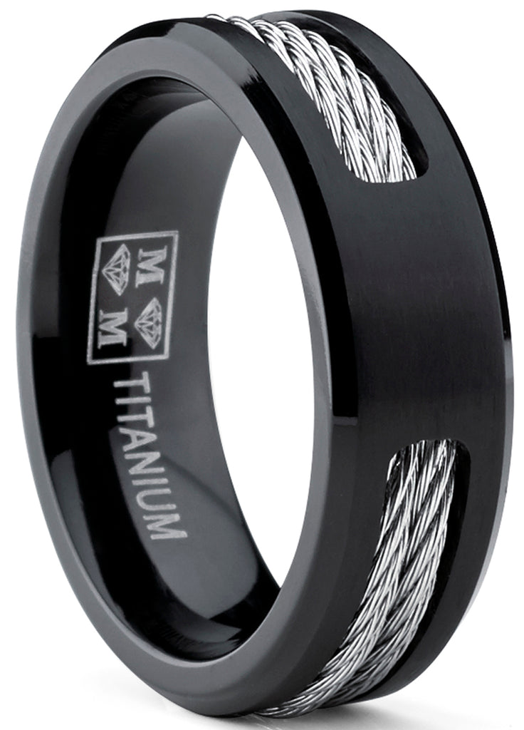 Men's Black Titanium ring Wedding band with Stainless Steel Cables sizes 7 to 12
