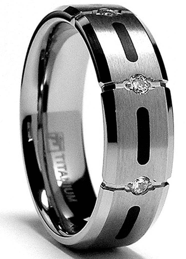 Men's 7MM Titanium Ring Wedding Band with Resin Inlay and 3 Cubic Zirconia CZ
