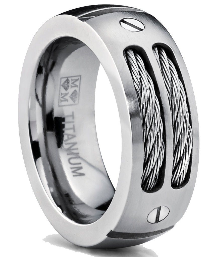 8MM Men's Titanium Ring Wedding Band with Stainless Steel Cables and Screw Design Sizes 7 to 13
