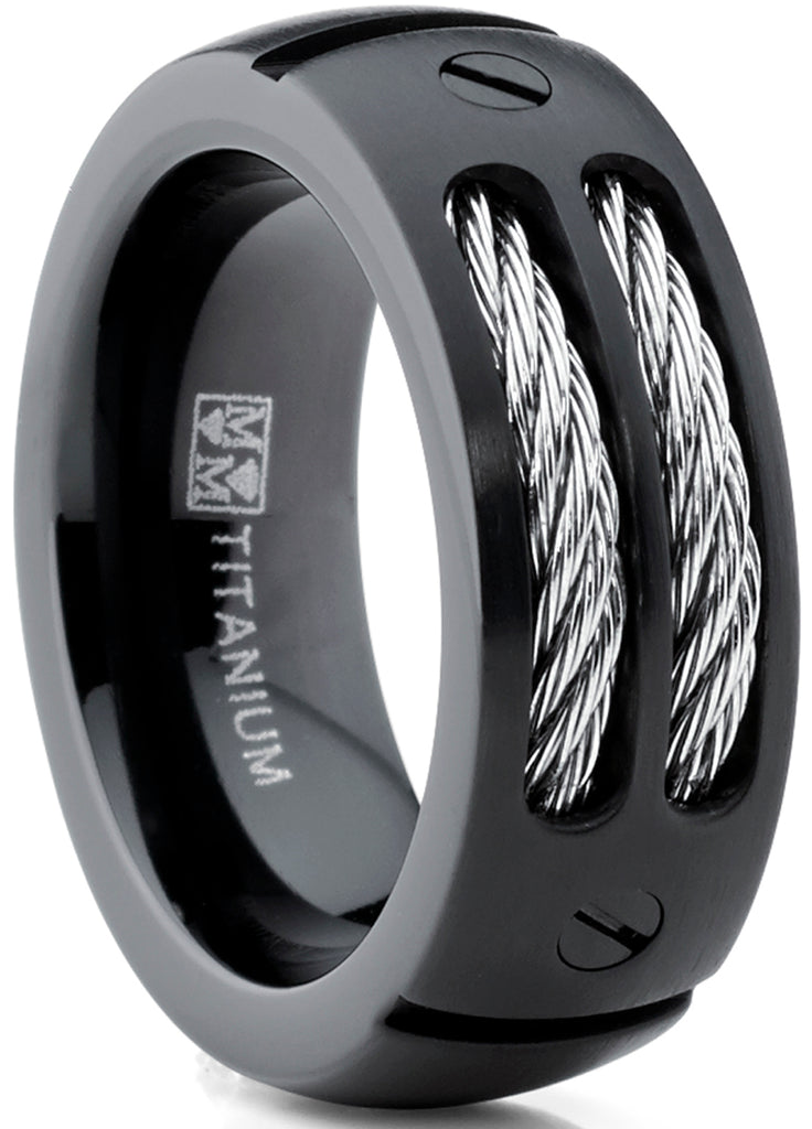 8MM Men's Black Titanium Ring Wedding Band with Stainless Steel Cables and Screw Design Sizes 7 to 13