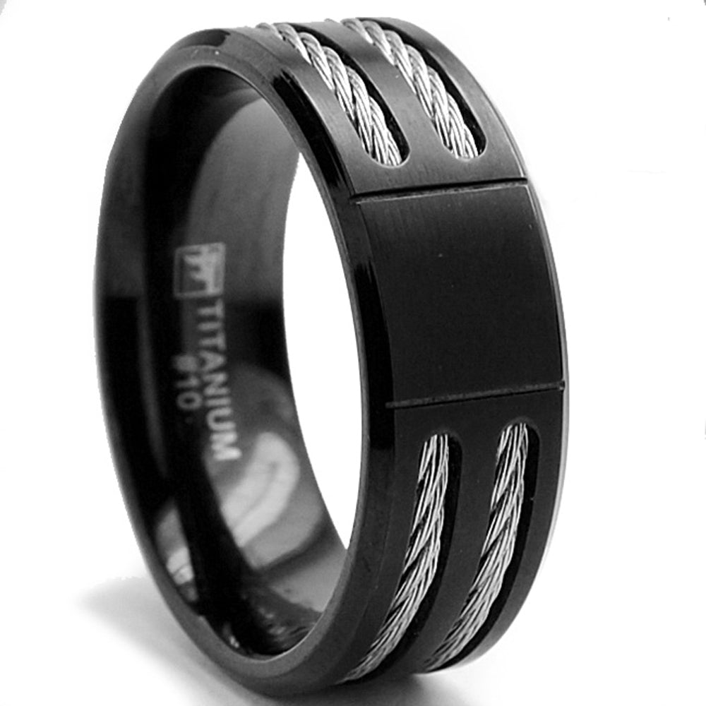 Men's 8MM Black Titanium ring Wedding band with Stainless Steel Cables sizes 7 to 12