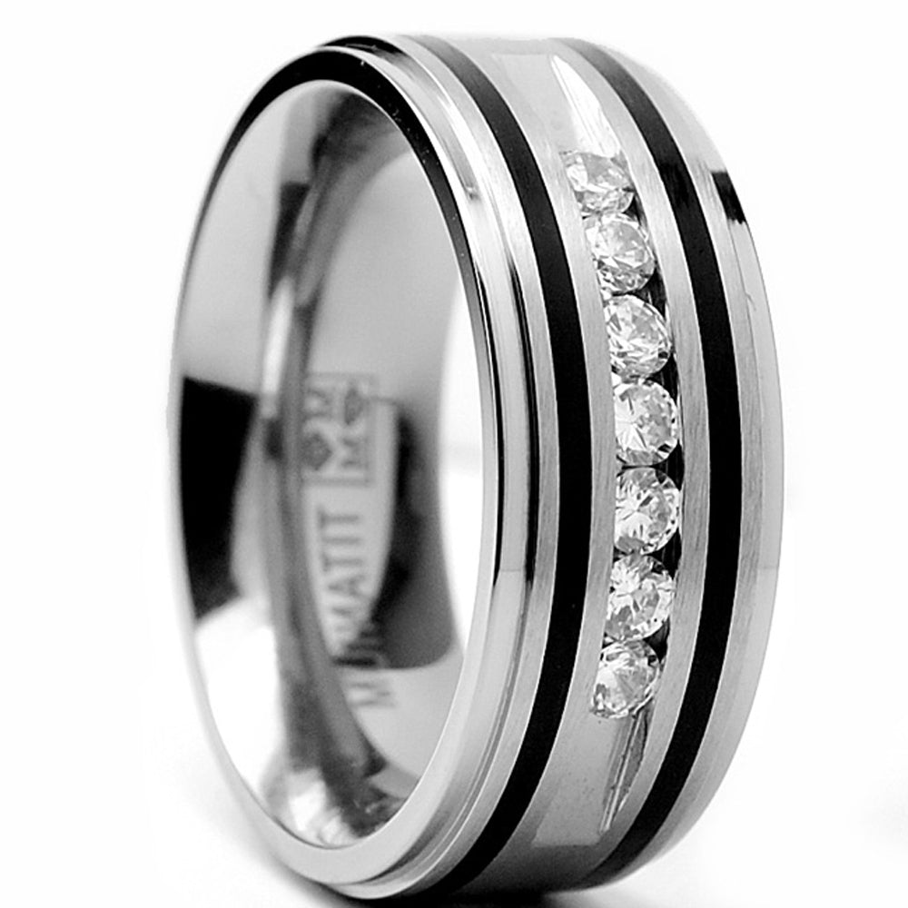 Men's 9MM Titanium Ring Wedding Band With Resin Inlay and 7 Cubic Zirconia CZ
