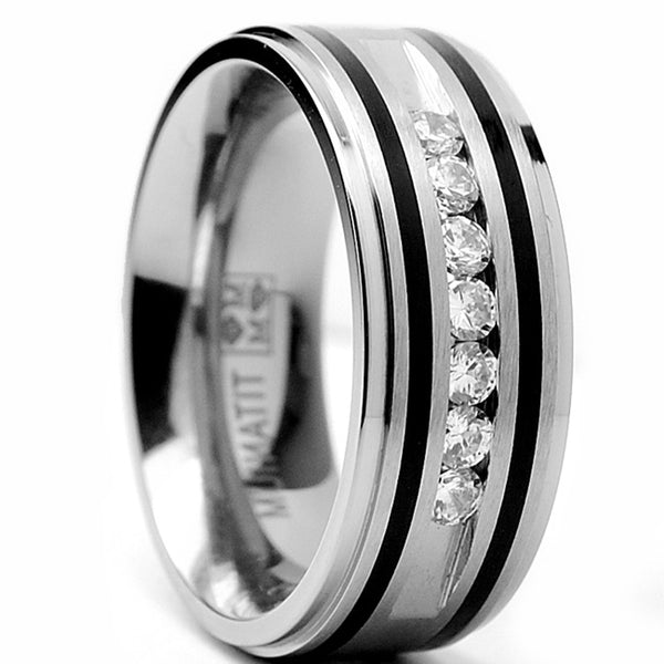 Men's 9MM Titanium Ring Wedding Band With Resin Inlay and 7 Cubic Zirconia CZ