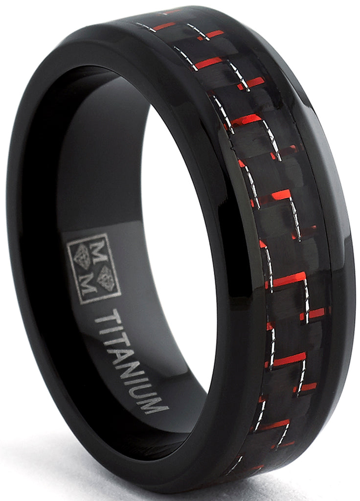 Men's Black Titanium Wedding Band Ring with Black and Red Carbon Fiber inlay, Comfort fit 8mm, Sizes 7 to 13