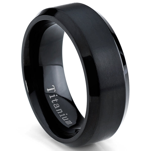 Black Titanium Ring Men's Brushed Wedding Band, Comfort Fit, 8mm Sizes 7 to 15