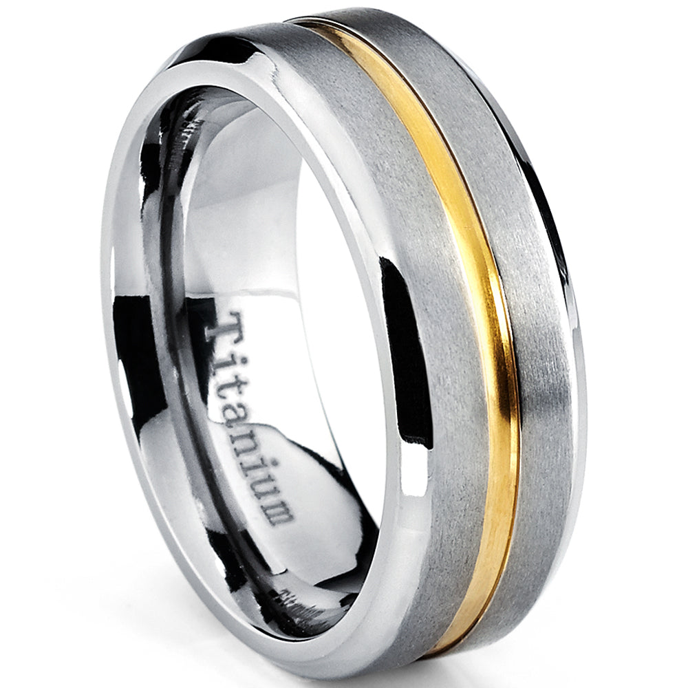 Men's Goldtone Plated Grooved Titanium Wedding Band Ring, Comfort fit 8mm, Sizes 7 to 15